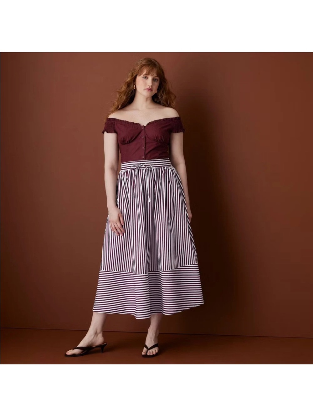 Women Drawstring Poplin Striped Full Midi Skirt - Rosie Assoulin Burgundy